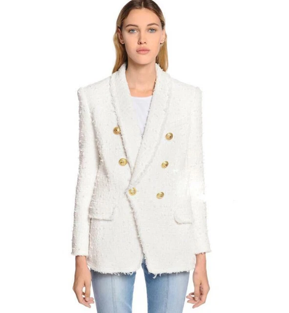 Donna Design Ispirato Lusso Nappa Tweed Look Aderente Blazer Cappotto