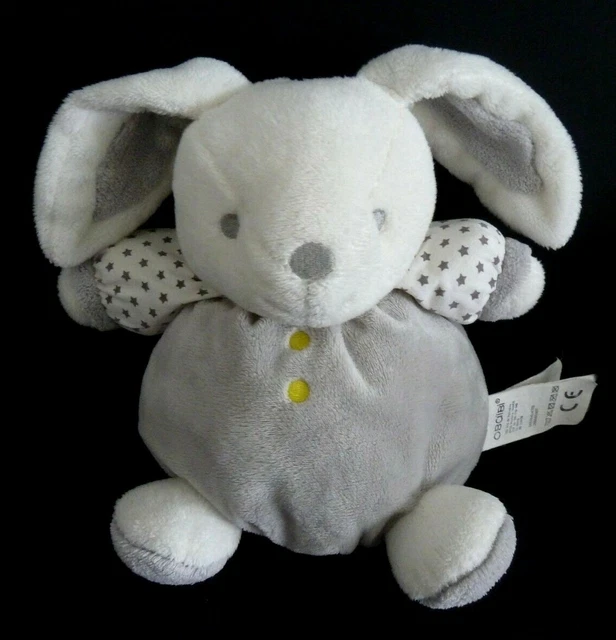 *. DOUDOU PELUCHE BOULE OBAIBI OKAIDI LAPIN GRIS BLANC BOUTON JAUNE 19cms - TTBE