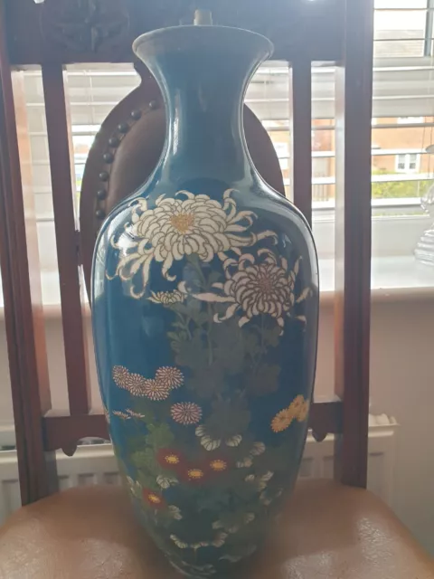 Fine Antique Japanese Cloisonne Vase ?Lamp? XL Turquoise Chrysanthemum Butterfly