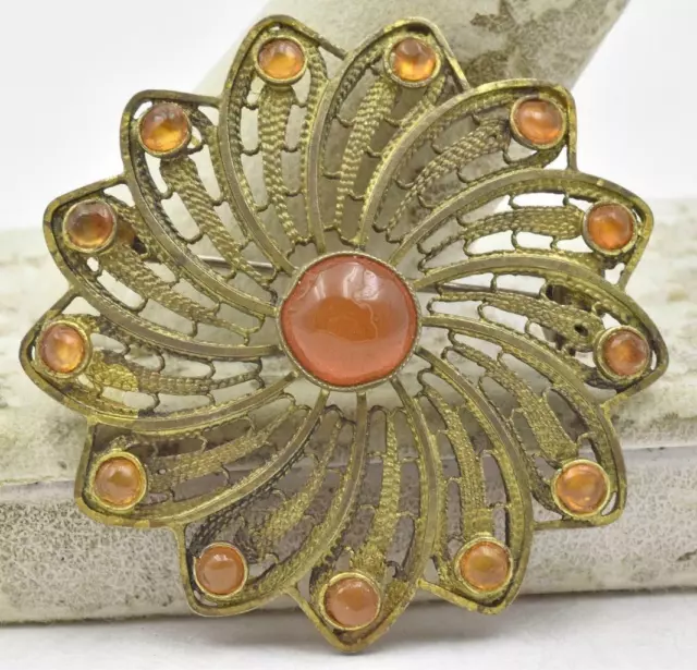 Antique Gold Wash / Sterling Silver & Carnelian Filigree round Ladies Pin brooch