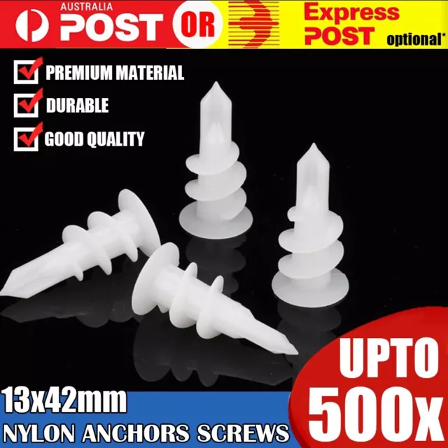 Up to 500PCS Nylon Anchor Screw 13mm x 42mm Wall Mates For Plaster Board Fixings