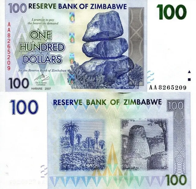 Zimbabwe 100 Dollars 2007 Banknote UNC Uncirculated AA+  P-69