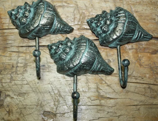 3 Cast Iron Antique Style Nautical SEASHELL Coat Hooks Hat Hook Rack Towel Conch