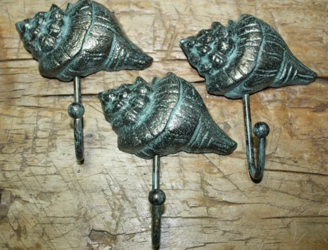 3 CAST IRON Antique Style Nautical SEASHELL Coat Hooks Hat Hook Rack ...