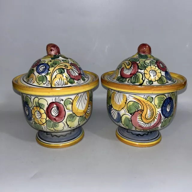 Lidded Pots X 2, Italian Hand Painted, Flower, Pottery Lidded Pot Storage Jar