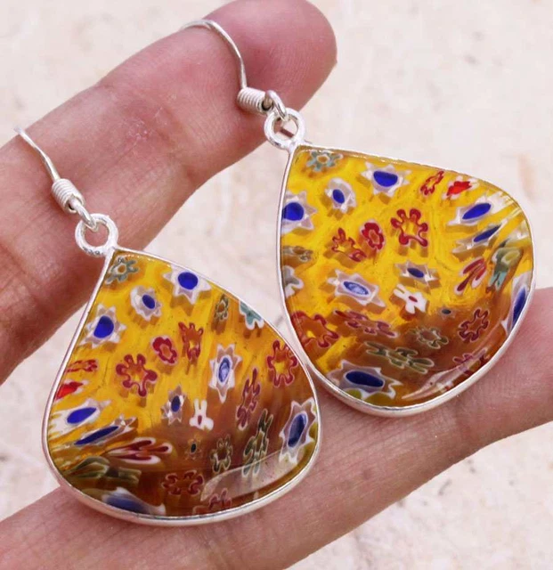 Dichroic Glass 925 Silver Plated Handmade Earrings of 1.7" Ethnic Gift