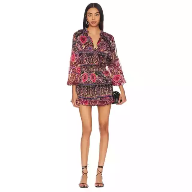 Misa Los Angeles Womens Floral Long Sleeve Smocked Waist Elisabetta Mini Dress S