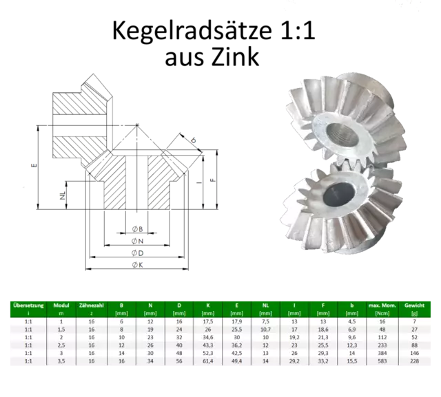 Bevel Gear Set Module 1-3, 5 From Zinc, 1 Set = 2x Bevel Gear, Transmission 1:1