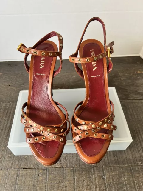 NIB Prada 5" Lux Metal Burgundy Leather Strappy Grommet Stud Platform Heels 7.5