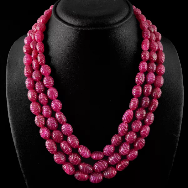 Exclusive Top Class 807.40 Cts Earth Mined 3 Line Red Ruby Oval Beads Necklace