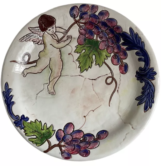 Vintage Hand Painted Made In Italy Decorative Plate Grapes And Cherub Angel 8”