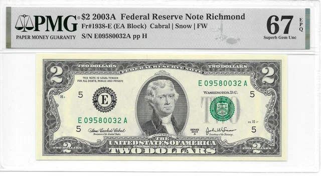 2003A Richmond $2 FRN (EA Block) PMG 67 EPQ Superb Gem Uncirculated