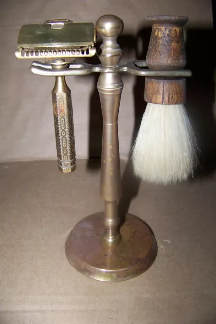 Vintage 3 Piece Brass Shaving Set - Brass Stand - Brush & Gem Razor