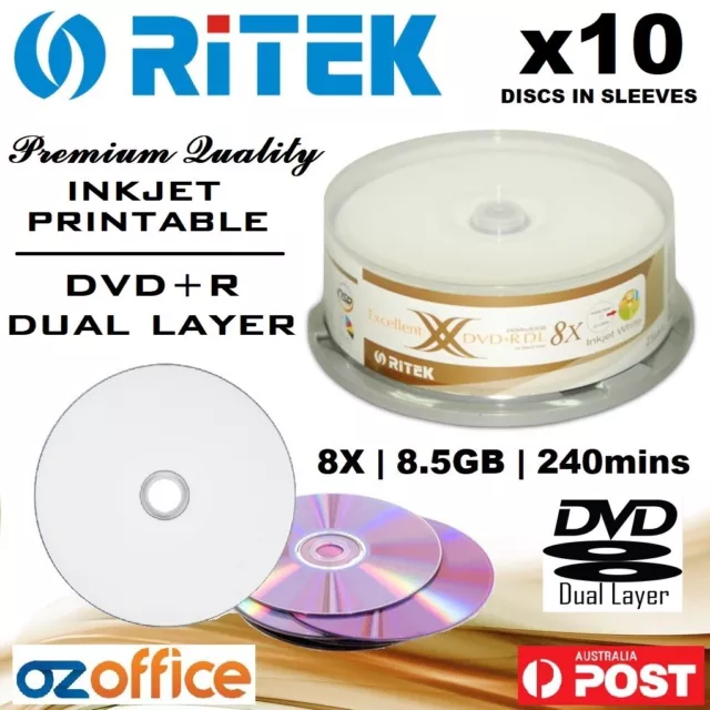 PREMIUM 10 x Ritek / Ridata DVD+R DL 8.5GB Dual Layer 8X Blank DVD Printable