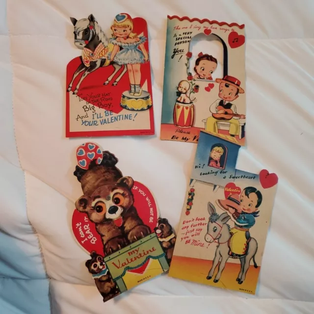 Vintage Mechanical Valentine's Day Cards Lot of 4. 3 Circus Theme 1 Cowboy