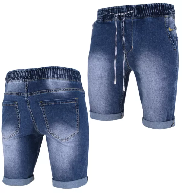 bermuda uomo jeans pantalone corto shorts casual elastico in vita blu RDV