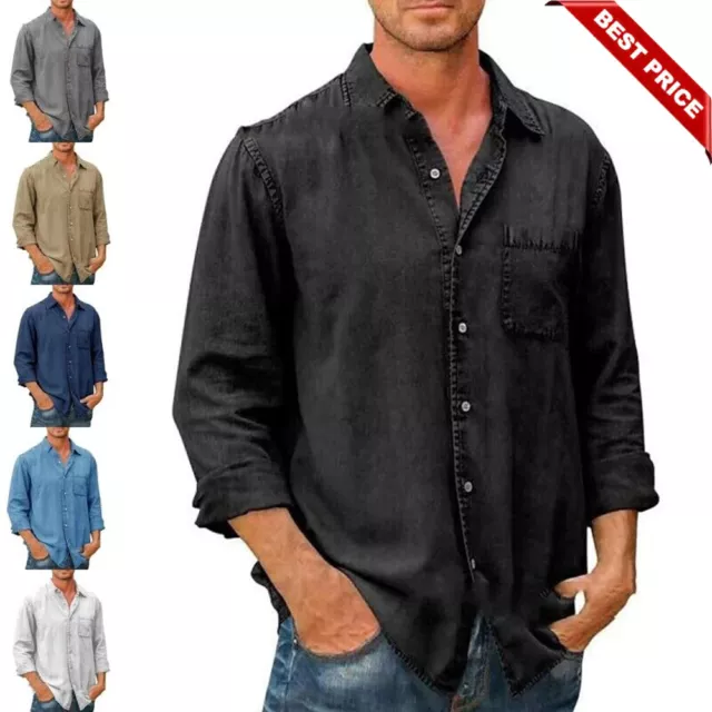 Men Denim Shirt Button Down Jean Shirts Mens Single Breasted Party Long Sleeve [