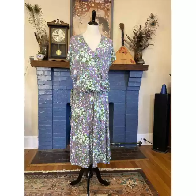 Lands End 2X Jersey Cotton Knit Faux Wrap Midi Dress Purple Floral Print