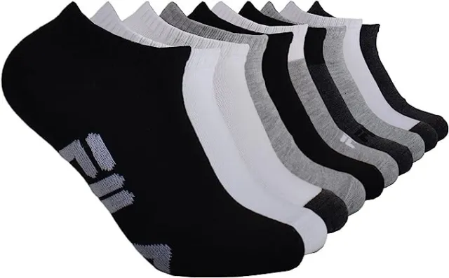 FILA Women's Socks No Show Ankle Size 6-10 White Black Gray Logo - 10 Pair
