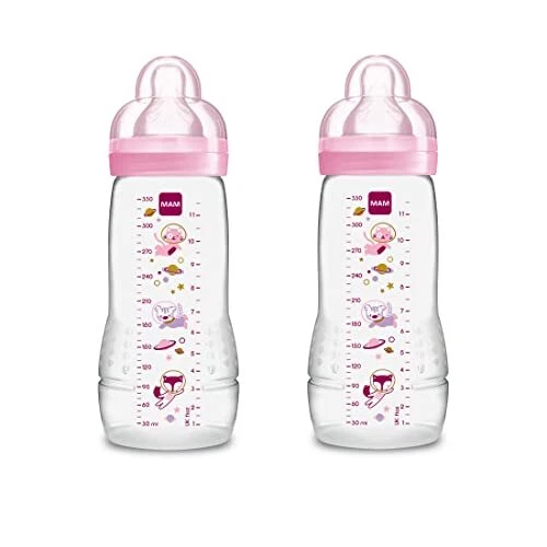 Lot De 2 Biberons MAM Easy Active 270 Ml - Tétine Débit Moyen SkinSoft - Sans BPA, Nettoyage Facile - Violet - 9