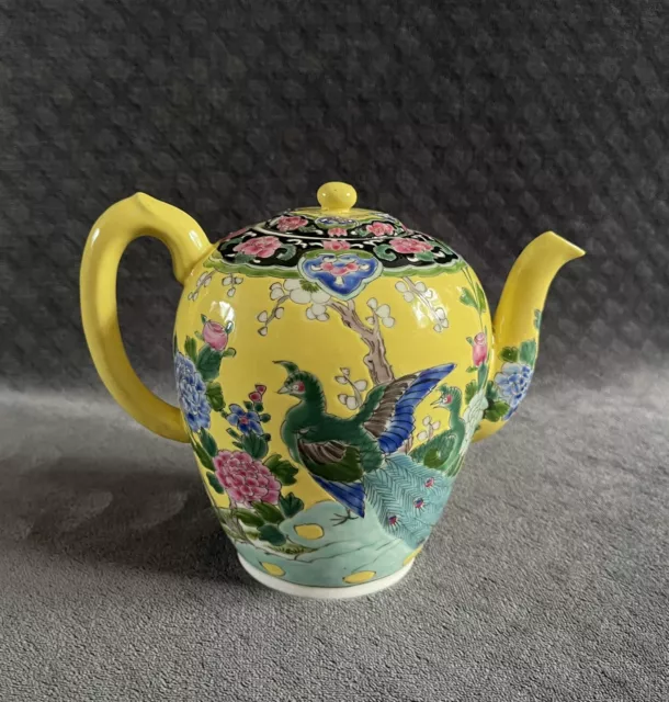 Antique Japanese Nippon Peacocks Floral Yellow Ground Enameled Pottery Teapot