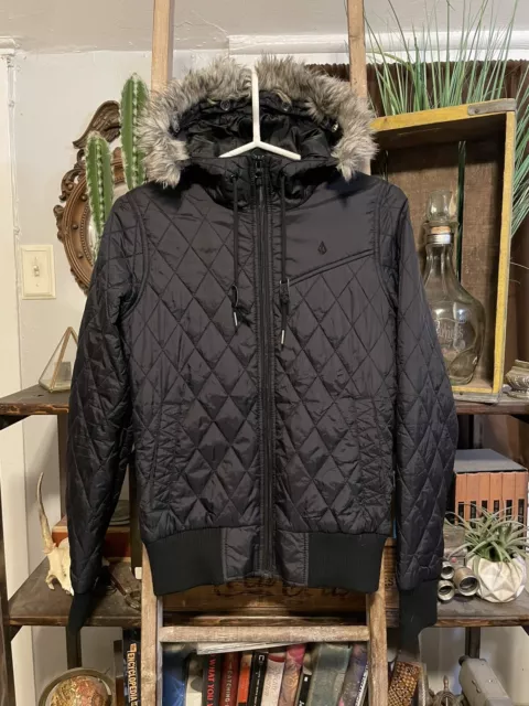 Volcom Puff In Puff Black Diamond Quilted Removable Fur Trim Hood Puffer Coat Sm