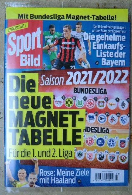 SPORT BILD MAGNET Tabelle 1.+ 2.Bundesliga 21/22 Magnettabelle Fußball
