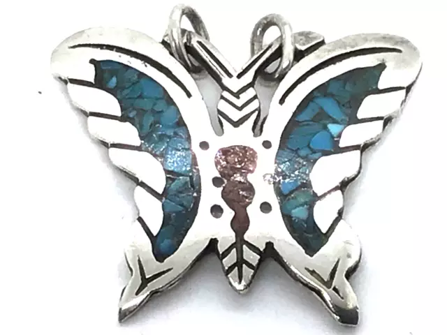Sterling Silver Butterfly Pendant Mosaic Turquoise Coral HANDMADE SOUTHWESTERN