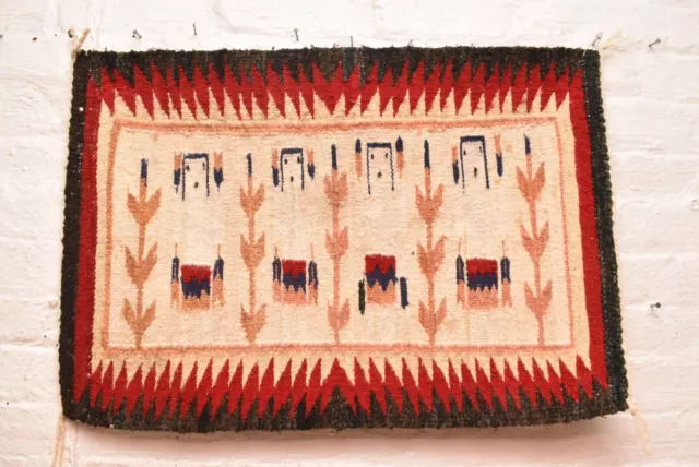 Antique Navajo Rug Native American Indian Textile Weaving 29x20 Yei Pictorial