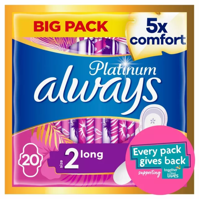 Always Platinum Long Plus (Size 2) Sanitary Towels With Wings Pack of 20 Pads