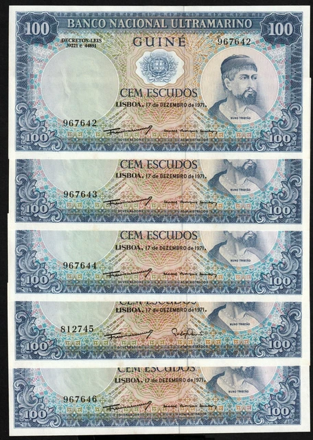 1971 Portuguese Guinea 100 Escudos Banknotes, 5 Consecutive UNC