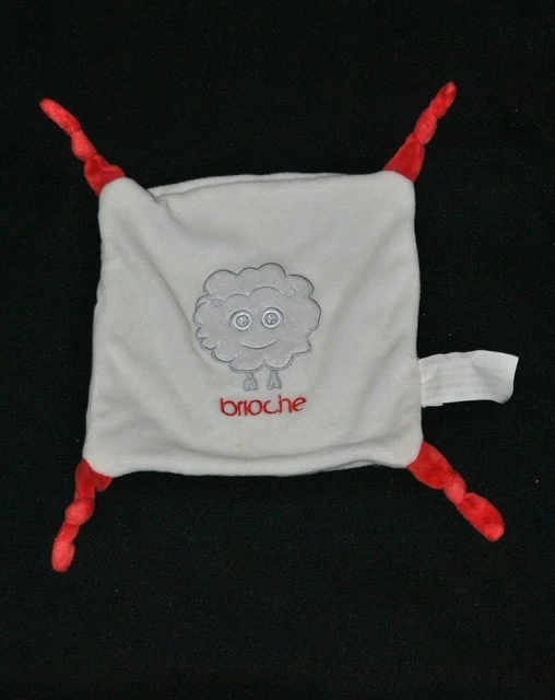 Peluche doudou blanc plat Brioche OKAIDI OBAIBI mouton nuage 4 nœuds rouge TTBE