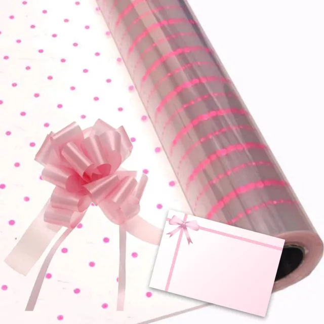 Pink Dot Cellophane Gift Wrap Birthday Mothers Day Hampers + Pull Bow & Bow Card