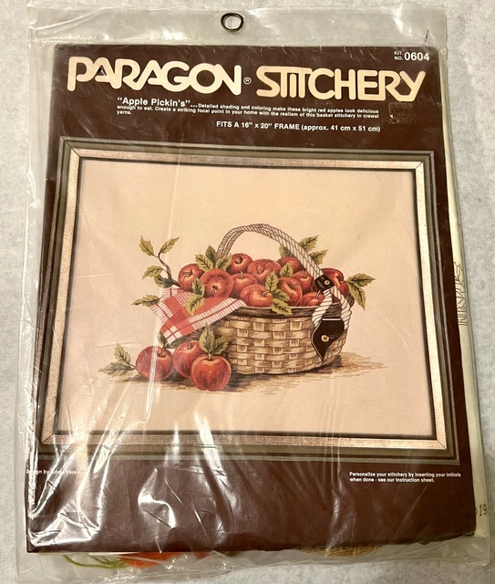 Cesta de colección Paragon Stitchery Crewel #0604 ""Apple Pickin"" nueva en paquete sellada 16x20 1981
