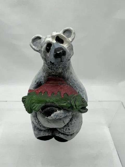 2003 RICK ROWLEY Artistic Sculpted Polar Bear With Fish Lost Woodsman Signed