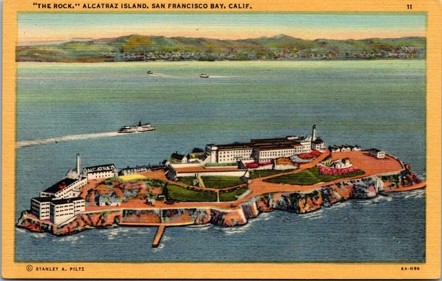 Postcard~San Francisco, Ca.~The Rock~Alcatraz~Aerial View ~Linen ~Unposted