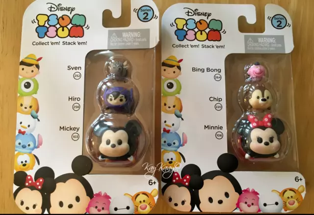 Two DISNEY'S Tsum Tsum 3-Pack Mini Figures MICKEY MINNIE CHIP HIRO SVEN Series 2