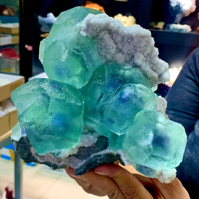 7.17LB Rare Museum Transparent Blue Cubic Fluorine Mineral Crystals/China
