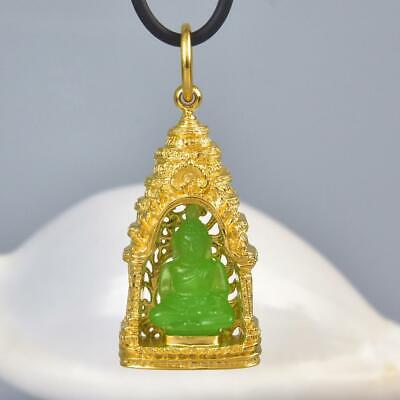 Buddha Image Gold Vermeil Sterling Pagoda Green Chalcedony Pendant Amulet 15.20g