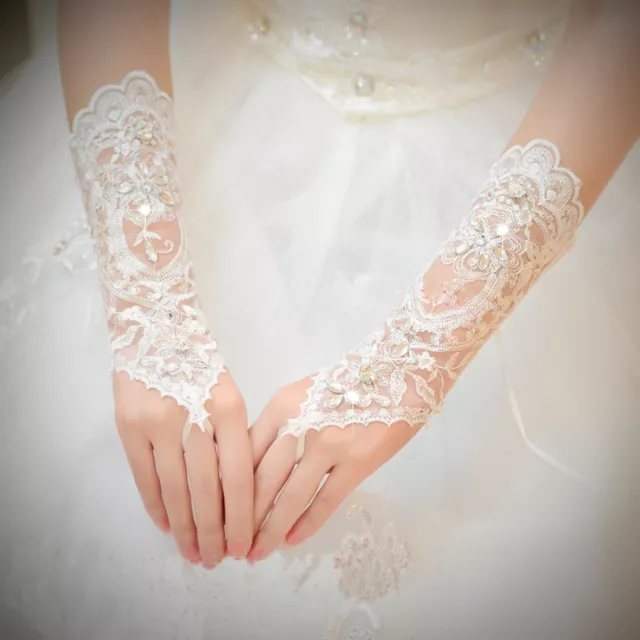 GUANTI senza dita guanti da sposa matrimonio pizzo cristallo perle avorio NUOVI