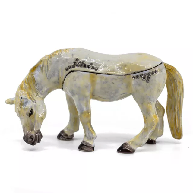 Bejeweled Enameled Pewter White Pony Horse Trinket Box With Crystals 4.25" Long