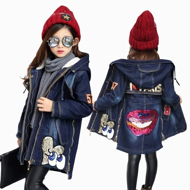 Bambine Inverno Jeans Bambini più Spessi Velluto Giacca Grande Cappotto Caldo