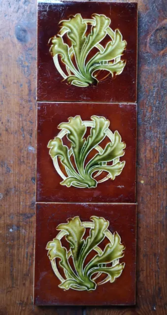 3x Antique C.1905 Henry Richards Art Nouveau Majolica Seaweed 6 Inch Tiles