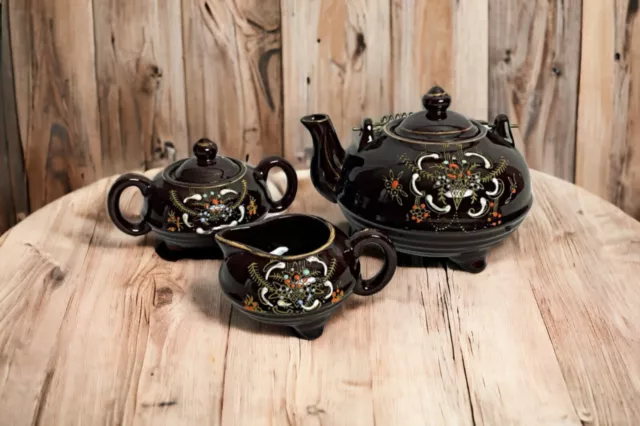 Brown Vintage Japanese Moriage Hand Painted Teapot, Creamer and Sugar Bowl.