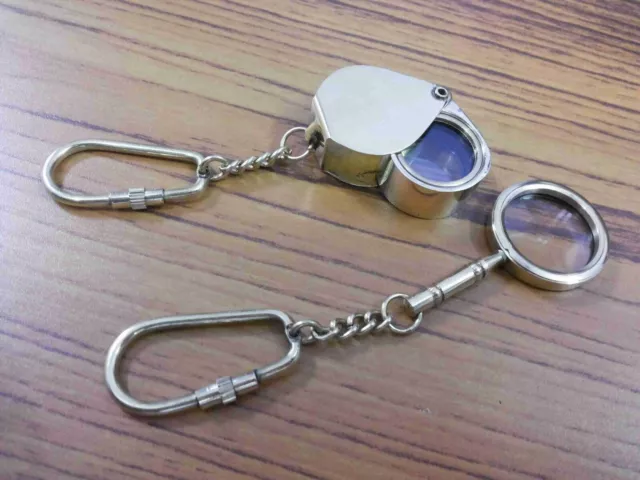 Set Of Two Brass Pocket Magnifier Key Chain Antique Vintage Magnifying Glass