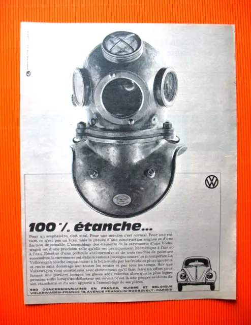Publicite De Presse Volkswagen Automobile 100% Etanche Scaphandrier Ad 1962
