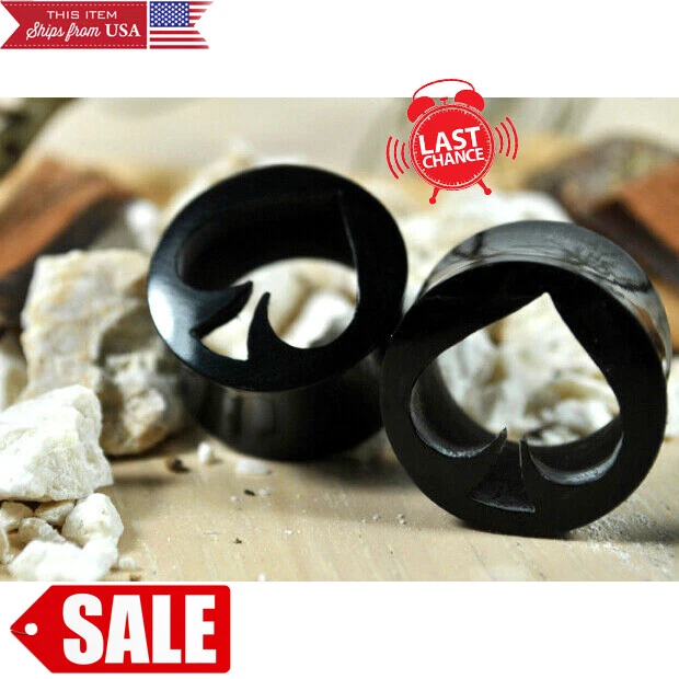 PAIR Spades Horn Organic Handcarved Flesh Tunnel Double Flared Ear Plugs 1/2"-1"