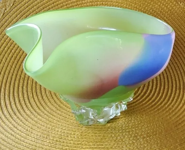Vintage Green  Hand Blown Murano Art Glass Bowl /Vase / Finger Dish