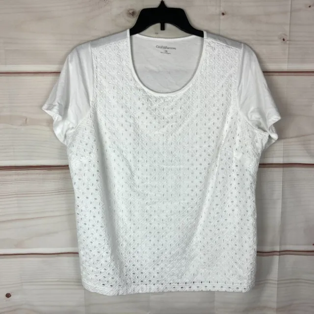 Croft & Barrow Eyelet Front Short Sleeve T-Shirt Womens Plus 1X White Basic Top
