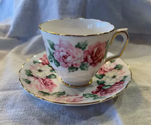 Crown Staffordshire Fine Bone China Tea Cup & Saucer -  Pink Roses - England